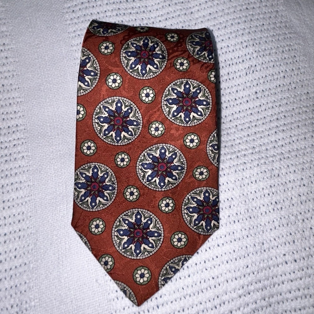 Vintage Burberry's Men's Silk Tie Burgundy Red Blue Geometric 80s